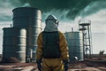 Man in chemical protective suit over factory