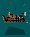Man on chess board. Modern design, contemporary art collage. Inspiration, idea, trendy urban style. Copy space for text
