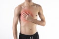 Man chest pain or heart attack on white background. Royalty Free Stock Photo