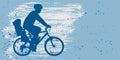 Man with child on bicycle on blue background with splashes, silhouette. Father\'s Day. Vector illustration Royalty Free Stock Photo