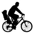 Man with child on bicycle, cyclist silhouette vector.