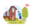 Man and child with flying kite. Happy father and son run across field launching a kite in countryside. Smiling family dad boy Royalty Free Stock Photo