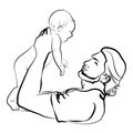 Man with a child. Logo of the young father with the baby in his hands. A black white illustration of a father hugging
