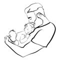 Man with a child. Logo of the young father with the baby in his hands. A black white illustration of a father hugging