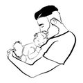 Man with a child. Logo of the young father with the baby in his hands. A black white illustration of a father hugging