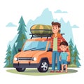 Man child ready road trip next orange SUV cargo roof, standing nature mountains trees. Both