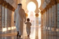 A man and a child are walking down a street in a foreign country Royalty Free Stock Photo