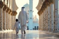 A man and a child are walking down a street in a foreign country Royalty Free Stock Photo