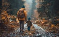 Man and child walking in woods. Generative AI