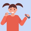 Man child woman girl brushing teeth with a toothbrush and toothpaste. Blue background red clothes. Vector