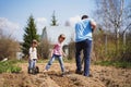 Man, children, kids dig soil, land with shovel, make garden beds for spring planting of potatoes. Good harvest. Family farming, Royalty Free Stock Photo