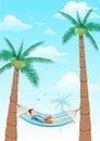 Man chilling using laptop in a hammock under two coconuts tree