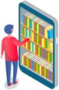 Guy looks at screen with virtual bookshelves and stacks of books. Man chooses book in online library