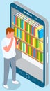 Man chooses book in digital online library or bookstore on smartphone with modern application