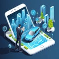 man chooses a car using a mobile application on a smartphone Royalty Free Stock Photo
