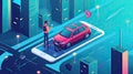 man chooses a car using a mobile application on a smartphone. Car Sharing Service. Royalty Free Stock Photo