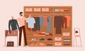 Man choosing clothes in cartoon clothing home wardrobe room