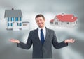 Man choosing or deciding houses with open palm hands