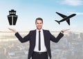 Man choosing or deciding ship or plane with open palm hands Royalty Free Stock Photo