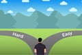 Man choosing a hard or easy working path. Man flat character design with green land and hills vector. Male character deciding what