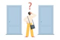 Man choosing between two doors, flat vector illustration isolated on white background.