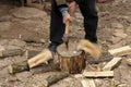 Man chopping fire wood logs with motion blur Royalty Free Stock Photo