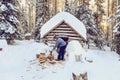 Man chopping wood in the forest near the hut. Royalty Free Stock Photo