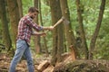 Man is chopping wood with vintage axe, picnic Royalty Free Stock Photo