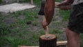 a man chopping wood in the yard