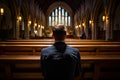 Man in Christian church prays to God, view from the back. Generative AI