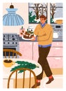 Man with Christmas pudding in cozy kitchen. Person holding festive cake, cooked bakery, sweet food for Xmas eve, advent