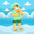 Man with cigarette and beer on hand at the beach. summer character illustration