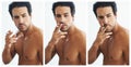 Man cigarette and smoking in studio for confident, grunge and cool aesthetic on white background. Shirtless, body and Royalty Free Stock Photo