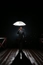 Man in classic suit with white umbrella in flash lights and rain drops Royalty Free Stock Photo