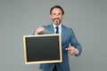 Man classy suit director business company show information blackboard copy space, steps to success concept Royalty Free Stock Photo