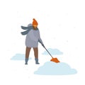 Man clean up shoveling snow drifts cartoon isolated vector illustration Royalty Free Stock Photo