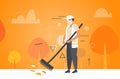 Man cleaner sweeping road from leaves with broom male janitor in uniform cleaning service concept autumn landscape