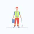 Man cleaner in uniform holding bucket with supplies and mop male janitor cleaning service concept flat full length white Royalty Free Stock Photo