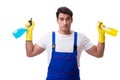 The man with cleaning agents isolated on white background Royalty Free Stock Photo