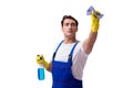 The man with cleaning agents isolated on white background Royalty Free Stock Photo