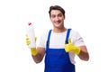 The man with cleaning agents isolated on white background Royalty Free Stock Photo