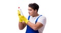 Man with cleaning agents isolated on white background Royalty Free Stock Photo