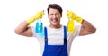 Man with cleaning agents isolated on white background Royalty Free Stock Photo