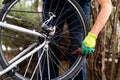 Man cleaning bicycle tire for new season Royalty Free Stock Photo