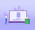 Man cleaning computer, pc, laptop with trash can sign. User removing folder with document to waste bin. Concept of delete file, Royalty Free Stock Photo
