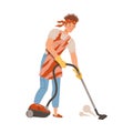 Man cleaning floor with vacuum cleaner. Househusband doing daily routine cartoon vector illustration Royalty Free Stock Photo