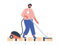 Man cleaning the floor with a vacuum cleaner flat vector illustration isolated. Royalty Free Stock Photo