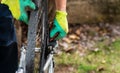 Man cleaning his bicycle for the new season Royalty Free Stock Photo