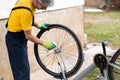 Man cleaning his bicycle for the new season Royalty Free Stock Photo