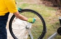 Man cleaning his bicycle for the new season Royalty Free Stock Photo